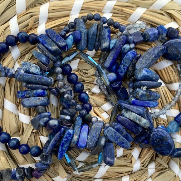 Natural Dark Blue Lapis Lazuli & Sodalite Gemstone Mixed Bead Bracelet Stack - Picture 5 of 12